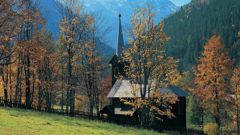 slovakia, tatranska javorina, world, near, europe, wooden, house, 1920x1080, 1080P, tatranska, gray, church, javorina, trees