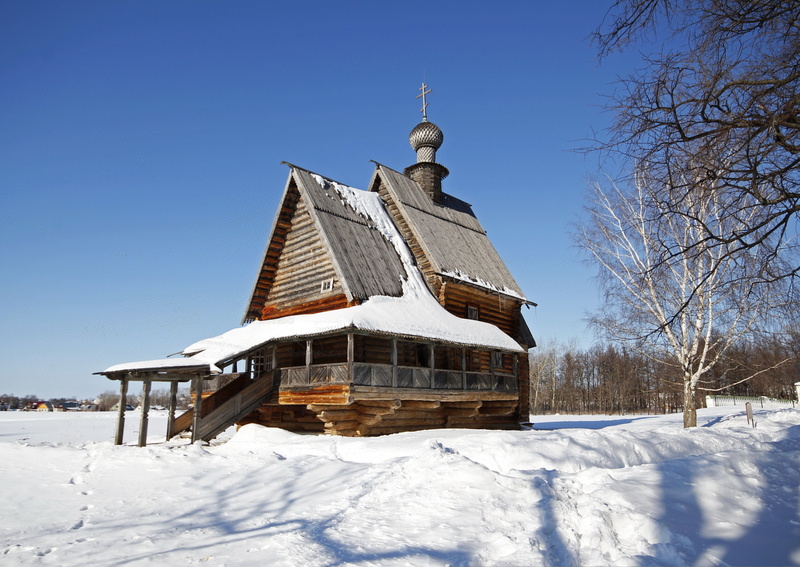 brown, bare tree, clear sky, snow, white color, Suzdal, sky, architecture, house, Russia, monastery. Cathedral, built structure, building, cold temperature