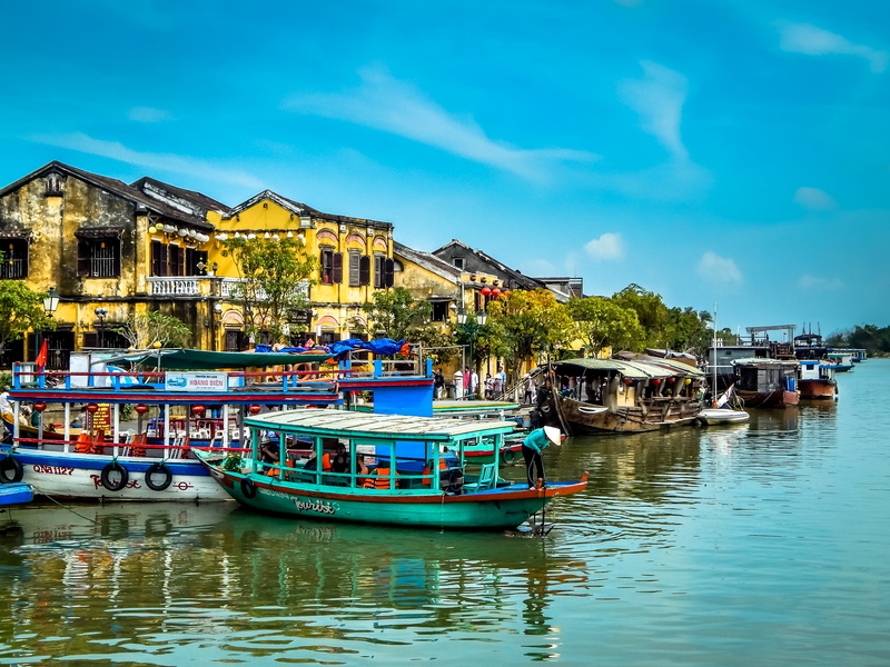 sky, ancient, boats, river, outdoors, city, no people, building exterior, culture, mode of transportation, building, unesco, day, heritage, vietnam, hoi