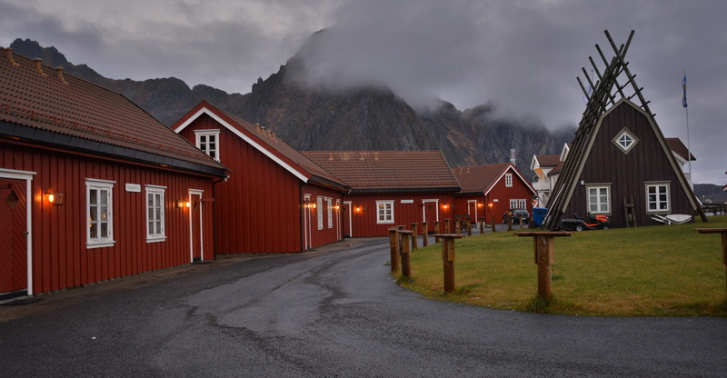 nature, wooden houses, cloudy dusk, view, village, landscape, cottage, foggy, travel, no people, norway, built structure, Svolvær, twilight, 5K, islands