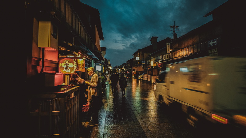 illuminated, motion, wet, city, cloud - sky, nature, rain, at night, 4K, food stall, dark, urban Scene, architecture, stall, night, people, sign, city life