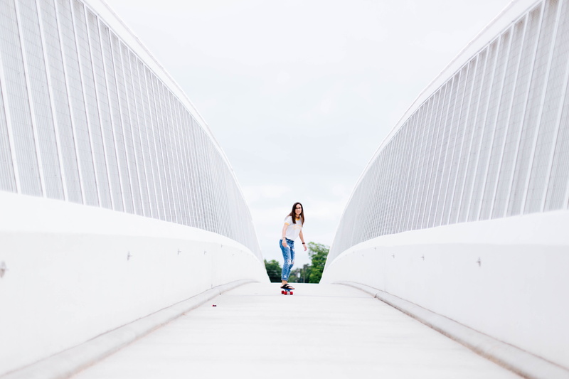 urban Scene, wall - building feature, walls, white, business, woman, longboard, adult, beside, 5K, skateboard, riding, daytime, casual clothing, lifestyles