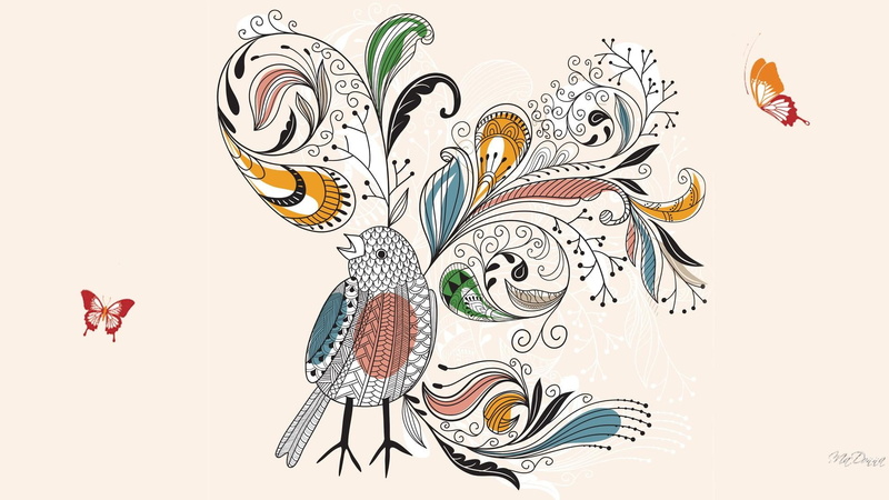 baroque, butterflies, plumage, bird, vector, paisley, paint, multicolored, abstract, light, illustration, 1080P