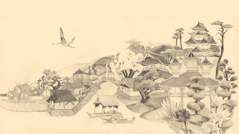 tree, trees, houses, sketch, asian, pagoda, landscape, drawing, bird, house, 2560x1440, 2K, mountain, near, boat, artistic