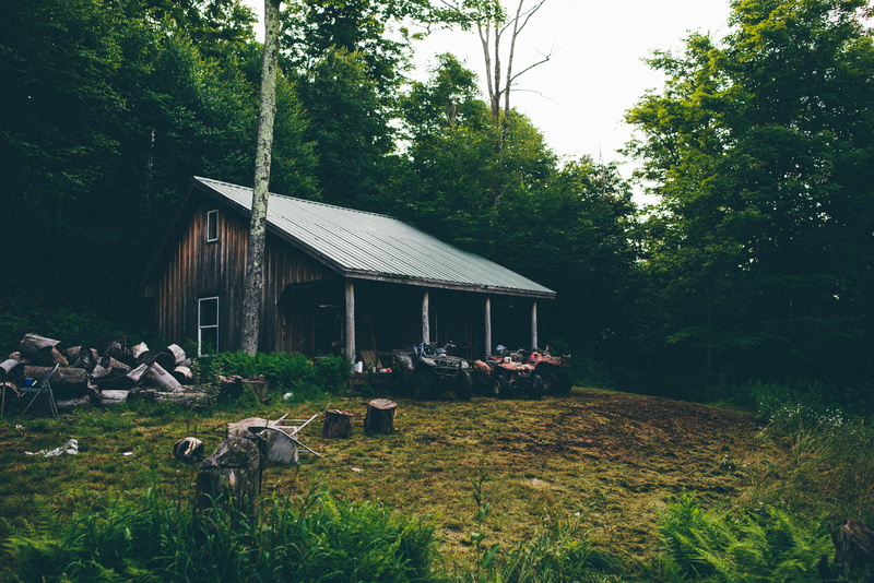 field, day, sky, no people, building exterior, wooden logs, green color, growth, logs, land, building, group of animals, hut, cabin, nature, plant, forest