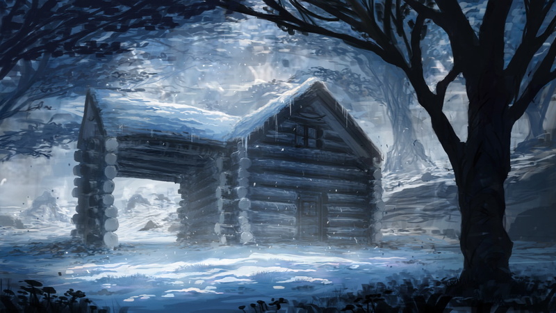 snow, brown, cabin, house, art, trees, painting, 1080P, winter, wooden