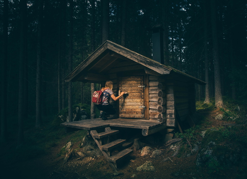 middle, people, soil, woodland, cabin, adult, stairs, two people, wooden, hut, plant, outdoors, rocks, young adult, bungalow, nature, land, real people