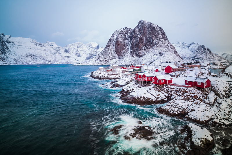 snowcapped mountain, outdoors, winter, 1080P, tranquil scene, cabins, nautical vessel, nature, The Lofoten Islands, mountain, tranquility, snow, Norway