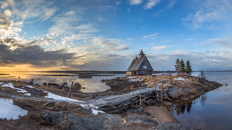 cabin, House, Dusk, Pier, wooden, brown, River, 1080P, Clouds