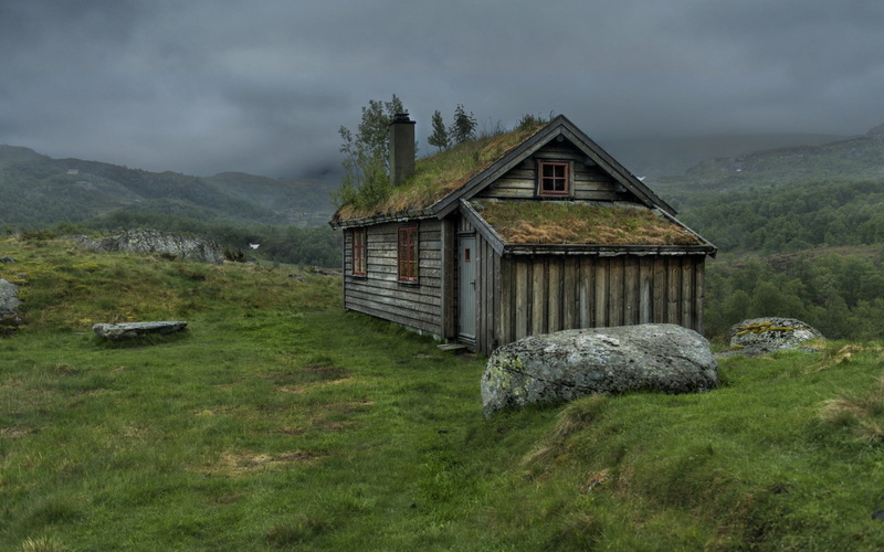 wooden, plant, brown, grass, building exterior, land, mountain, nature, cottage, house, tree, cloud - sky, hut, no people, green color, tranquility, mist