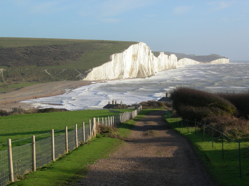 water, nature, sky, fence, scenics - nature, white cliffs, sussex, 2K, coastline, no people, grass, day, England, direction, scenics, sea, seven sisters
