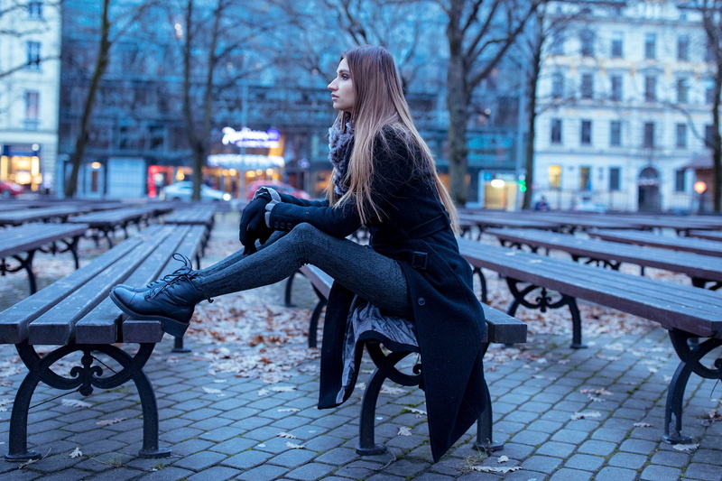 brunette, women, Ilvy Kokomo, women outdoors, park, profile, coats, looking into the distance, 1080P, long hair, Ombre Hair, Public, model, black coat