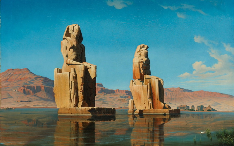 Egypt, gods, 1080P, Hubert Sattler, dune, statue, water, Ra, Nile, clouds, sculpture, hills, river, sand, ancient, rock, Egyptian, Abu Simbel, artwork