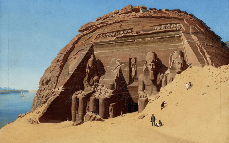 sculpture, sand, artwork, Statue, river, rock, water, Ra, men, 1080P, Egyptian, Ancient, Abu Simbel, gods, egypt, Nile, Dune