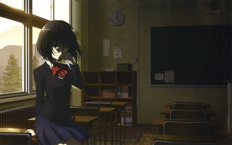 seat, Another, front view, 720P, three quarter length, transparent, Misaki Mei, indoors, school, anime, one person, sitting, hairstyle, leisure activity