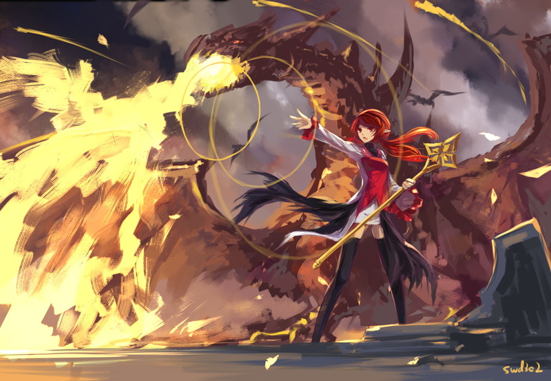 red, fire, swd3e2, 720P, hair, ears, staff, long, fighter, thighhighs, dungeon, eyes, dragon, pointed