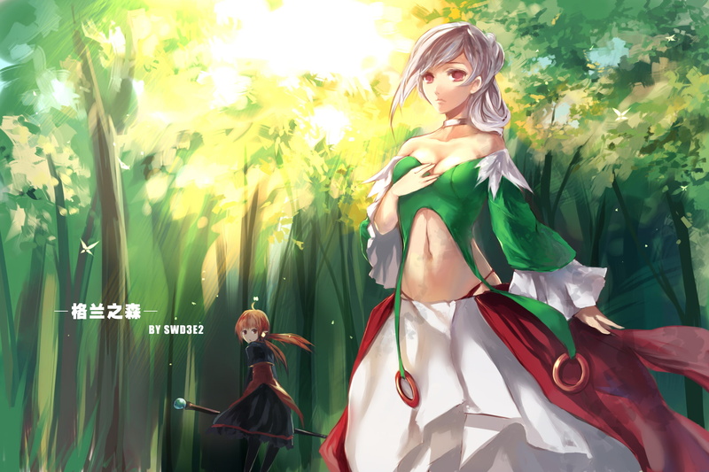 staff, red, watermark, 1080P, navel, hair, long, eyes, dungeon, forest, swd3e2, girls, dress, fighter, choker, tree, gray