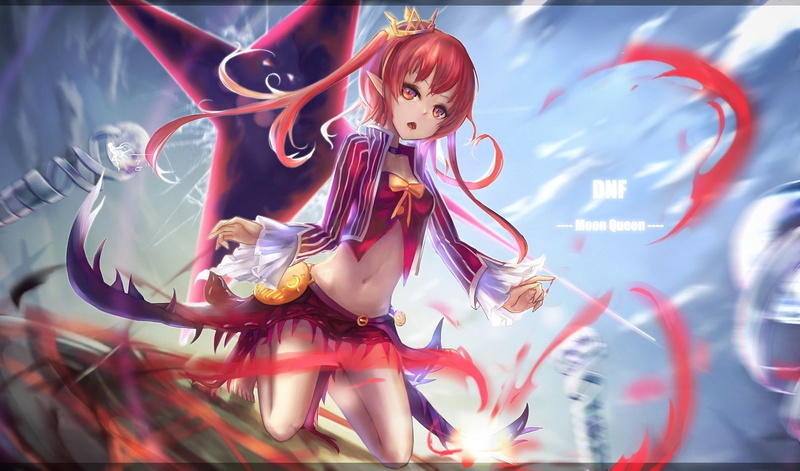 ears, eyes, barefoot, navel, 720P, long, crown, red, fighter, skirt, and, dungeon, pointed, hair