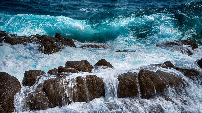 spray, waves, rocks, sea, water, 1080P