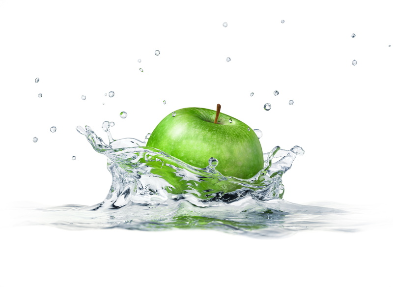 apple - Fruit, water, abstract, close-up, sinking, falling, organic, fruit, waterfront, blue, food, freshness, drop, high-speed photography, backgrounds