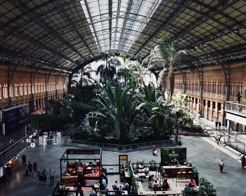 group of people, plant, indoors, botanical, built structure, incidental people, architecture, people, ceiling, booth, building, travel, spain, lobby, travel destinations