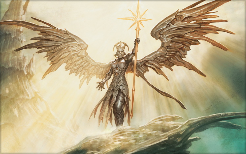 sun, 2K, fantasy, widescreen, picture, angel, scepter, art, light, resolution, golden, hd, rays