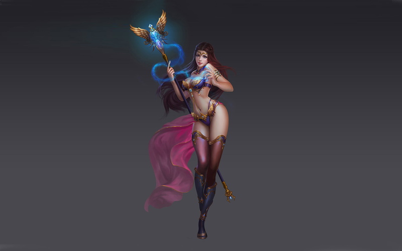 beautiful, girl, auburn, costume, crystals, desktop, blue, long, hair, crystal, gold, decorated, golden, scepter, 2K, hd