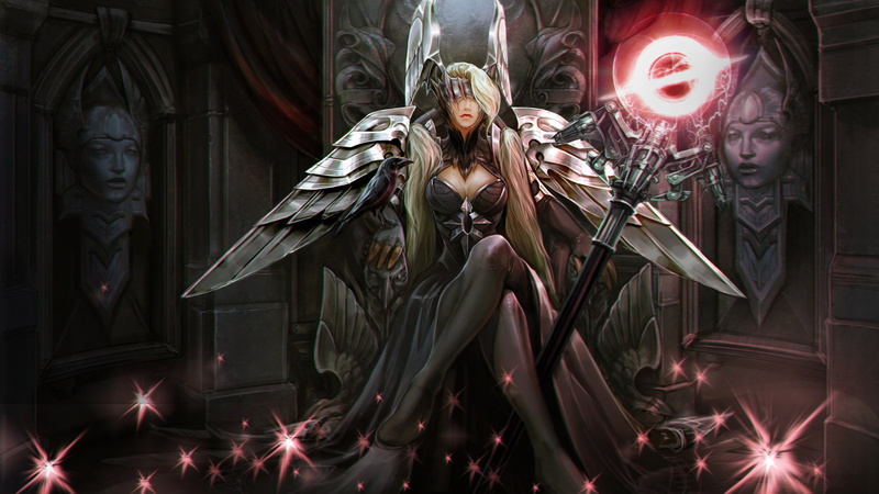 mask, raven, fantasy art, Vainglory, wings, digital art, 2K, game, sitting, throne, girl, Celeste, fantasy, blonde, magic, bird, stars, artwork, scepter