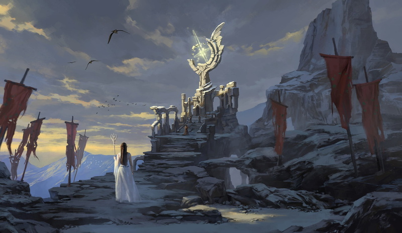 princess, pointed ears, auction, Elf, 1080P, ruins, artwork, mountains, long hair, birds, banners, fantasy, fantasy art, magic, throne, scepter, rocks