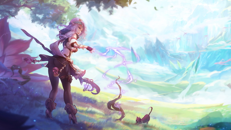 drawing, illustration, pointed ears, fantasy girl, concept art, cats, magic, original characters, artwork, 2D, elves, fantasy art, 5K, scepters, Mitsu