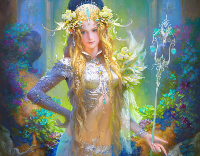 blue eyes, Pointed Ears, Scepters, Flower In Hair, fantasy Art, Belly, 1080P, artwork