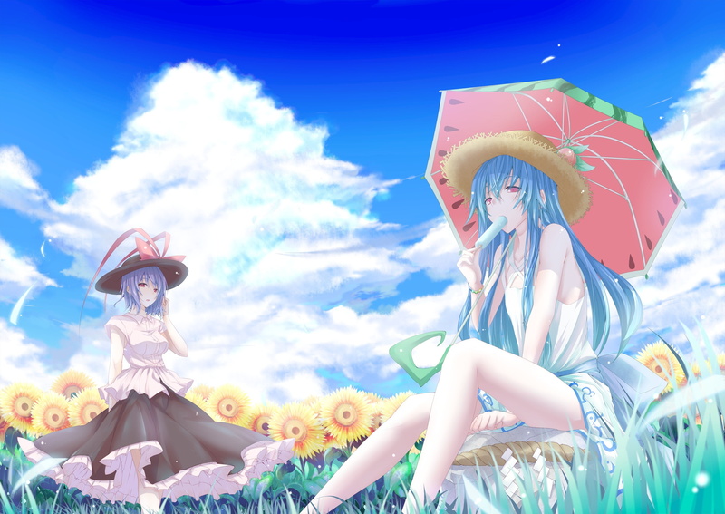 celebration, event, clouds, sunflowers, real people, adult, Touhou, cloud - sky, plant, outdoors, human representation, clothing, nature, hat, umbrella
