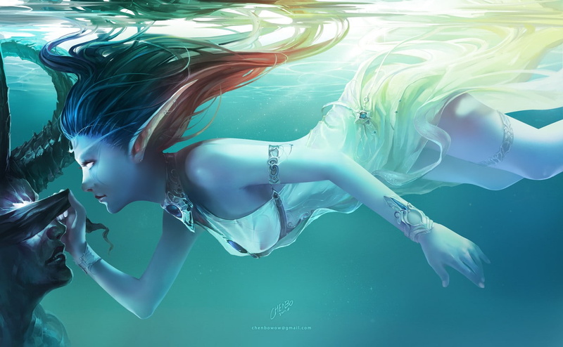 Naga, brunette, elves, 720P, Illidan, water, horns, Warcraft
