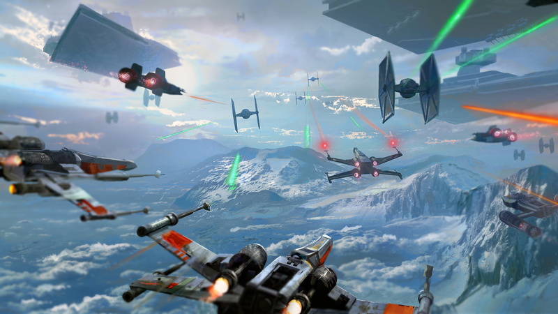 digital art, Tyler Edlin, space battle, Star Wars, mountains, laser, clouds, sky, spaceship, X-wing, landscape, science fiction, 1080P, artwork