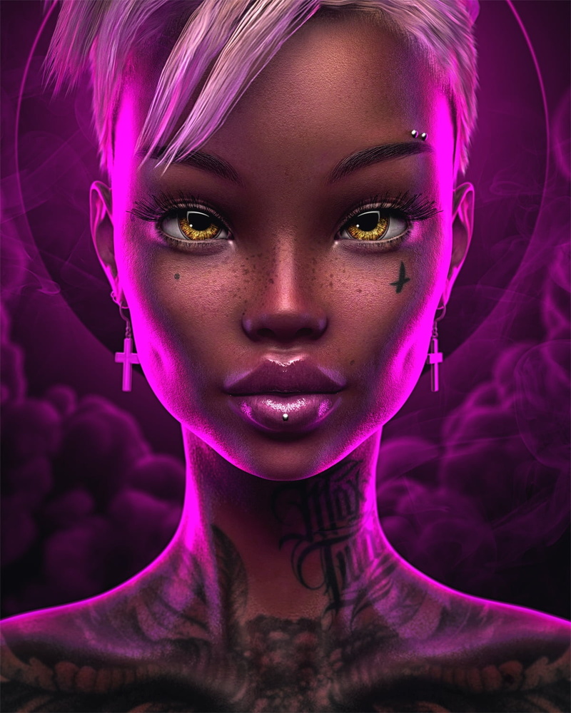 human face, dyed hair, portrait, front view, body paint, Max Twain, beauty, women, young adult, close-up, beautiful woman, studio shot, pink color, hairstyle