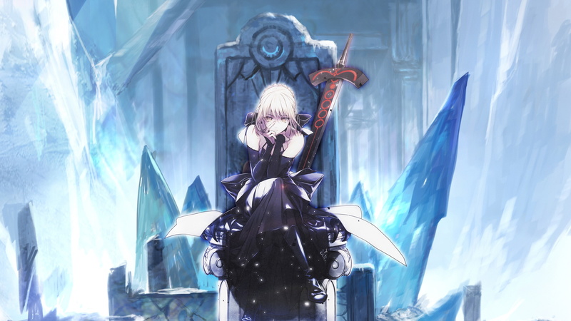 2K, short hair, white hair, Fate Series, Saber, Saber Alter, weapon, anime girls, dress, yellow eyes, anime