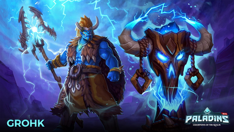 digital art, Video Game Heroes, video game art, video games, video game man, Orc, totem, Grohk (Paladins), Paladins: Champions of the Realm, lightning