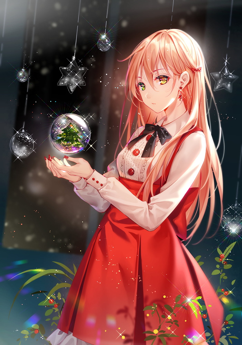 depth of field, Christmas, anime, artwork, Niya, women, sphere, illustration, long hair, red nails, dress, 2D, Tidsean, 1080P, heterochromia, portrait display