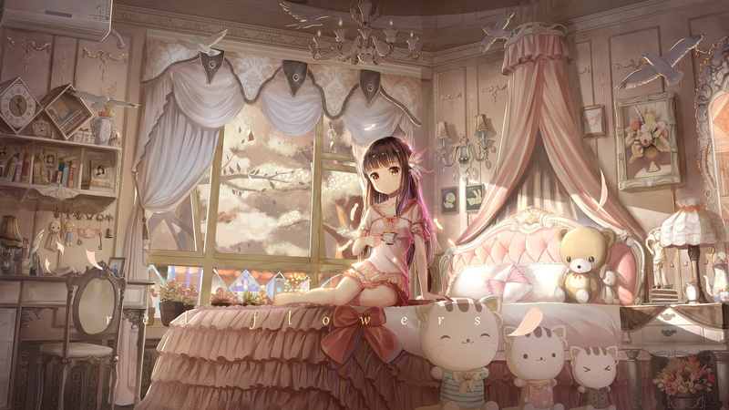 pillow, fantasy girl, toys, long hair, in bed, tea, looking at viewer, brunette, feathers, curtain, typography, 1080P, skirt, bowtie, natural light, cup