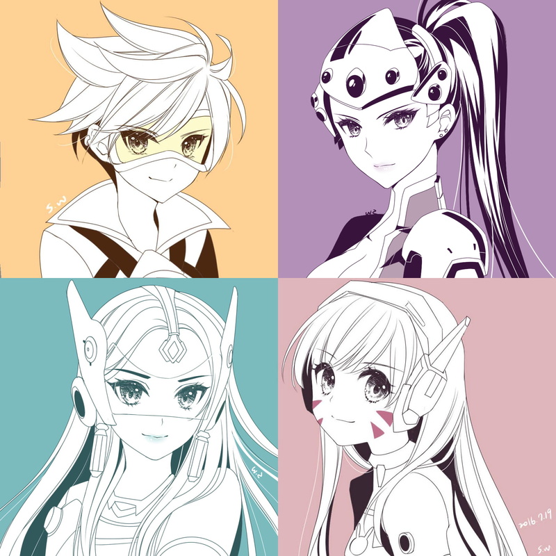 collage, D.Va (Overwatch), Overwatch, Symmetra (Overwatch), Tracer (Overwatch), 720P, Widowmaker (Overwatch)