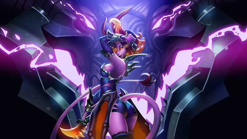 Orange Eyes, Shorts, Tail, Thigh Highs, Girl, Dagger, 1080P, Glowing Eyes, Bracelet, Glove, Paladins (Video Game), Weapon, Smile, Maeve (Paladins), Paladins