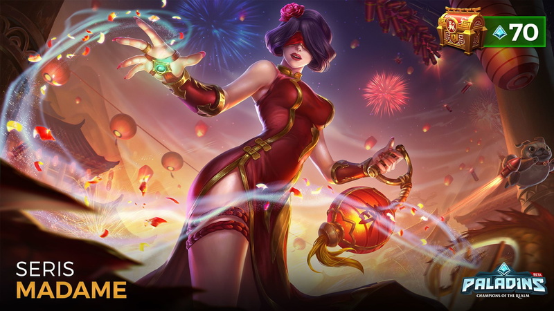Bracelet, Purple Hair, Red Dress, Stars, Short Hair, Fantasy, Night, Paladins (Video Game), Fireworks, 1080P, Blindfold, Video Game, Lantern, Paladins