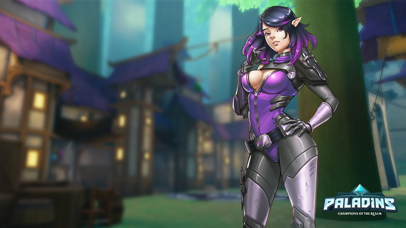 Paladins (Video Game), Girl, Smile, Zipper, Purple Hair, Paladins, Skye (Paladins), Black Hair, Belt, 1080P, Glove, Pink Eyes, Pointed Ears, Video Game