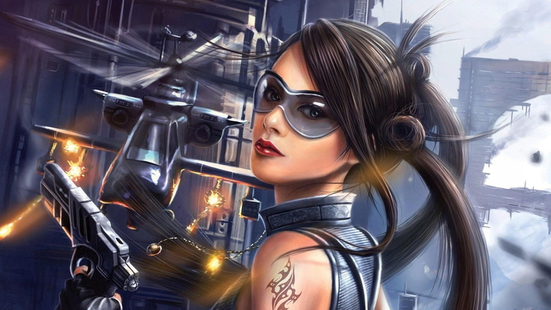 girls with guns, fashion, beauty, females, lifestyles, portrait, 1080P, beautiful woman, digital art, young adult, gun, sunglasses, hair, young women