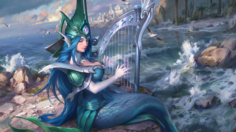 1080P, water splash, makeup, waves, rocks, helmet, closed eyes, women, Xiao Guang Sun, drawing, music, long hair, gems, harp, blue hair, mermaids