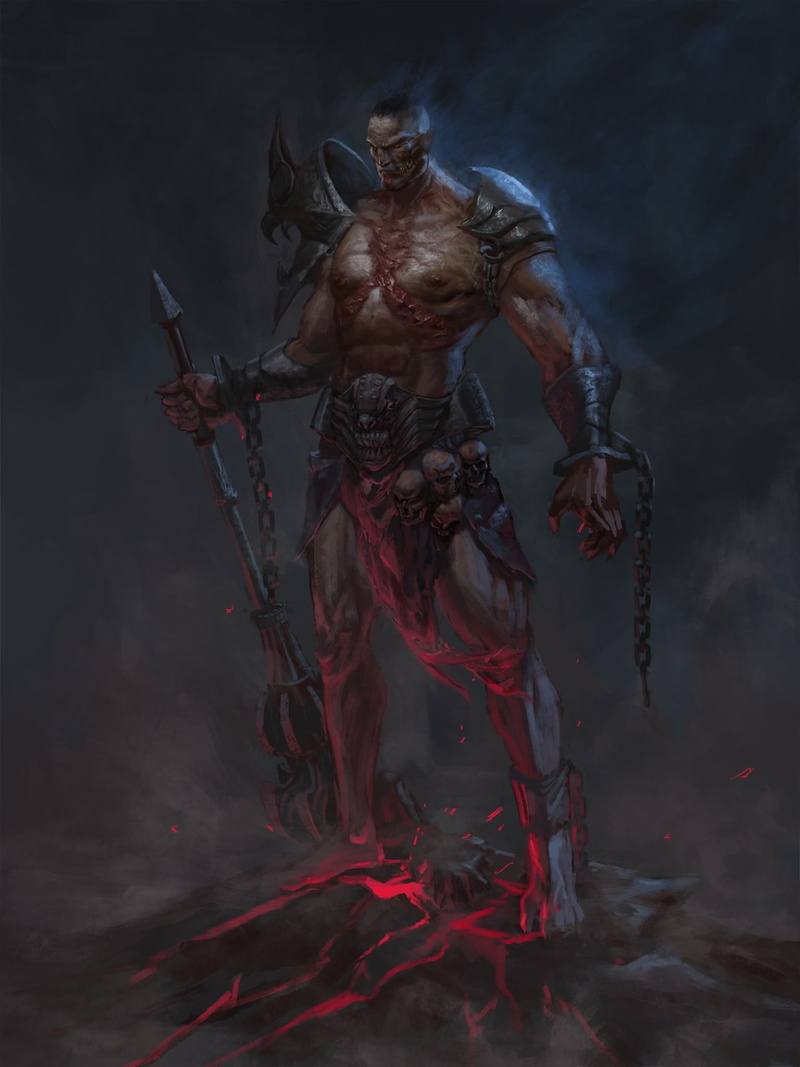 human body part, warrior, indoors, male, chains, fantasy art, weapon, religion, representation, full length, spirituality, armor, axe, human representation