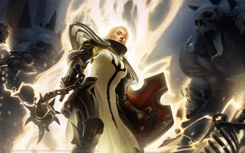 game, belief, human representation, craft, armor, male likeness, representation, 1080P, paladin, angel, sunlight, shield, Diablo 3, skull, weapons