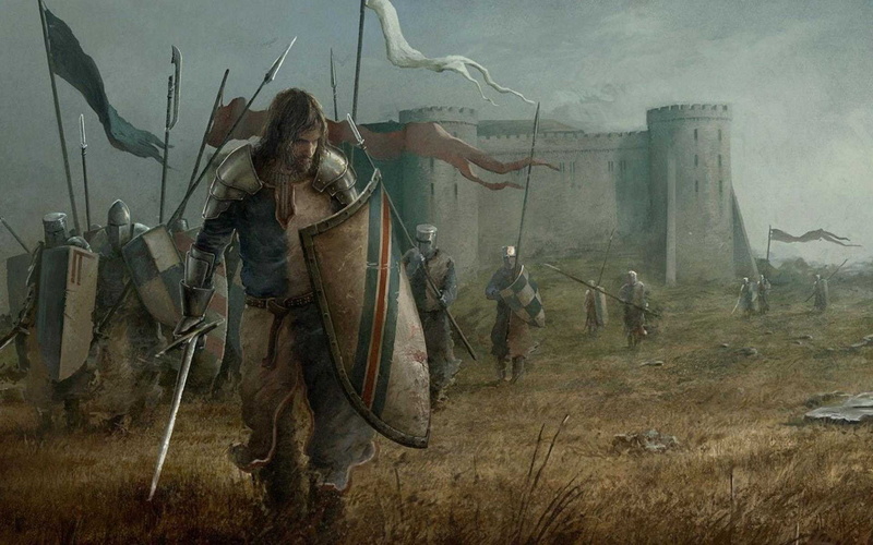 animal wildlife, architecture, digital composite, domestic animals, medieval, domestic, nature, soldiers, adult, men, land, 1080P, mammal, horse, illustration