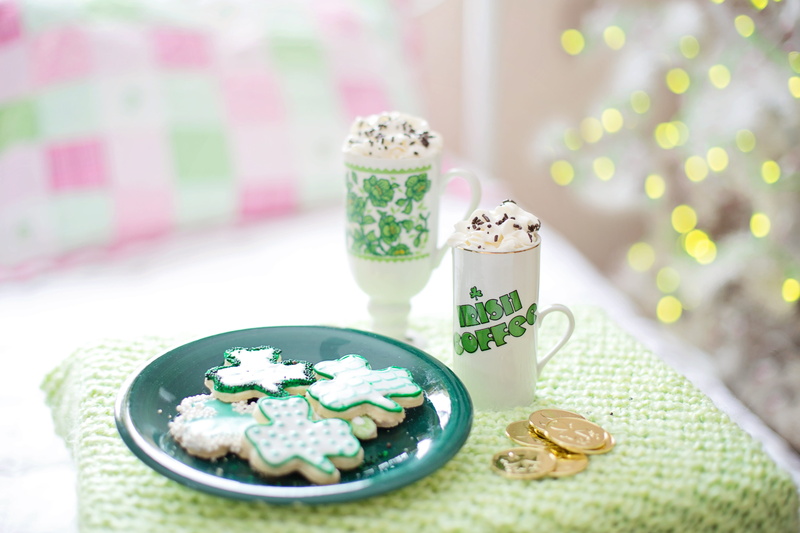 indoors, food, event, focus on foreground, drink, temptation, cookies, paddys day, still life, indulgence, selective focus, clovers, irish coffee, sweet food