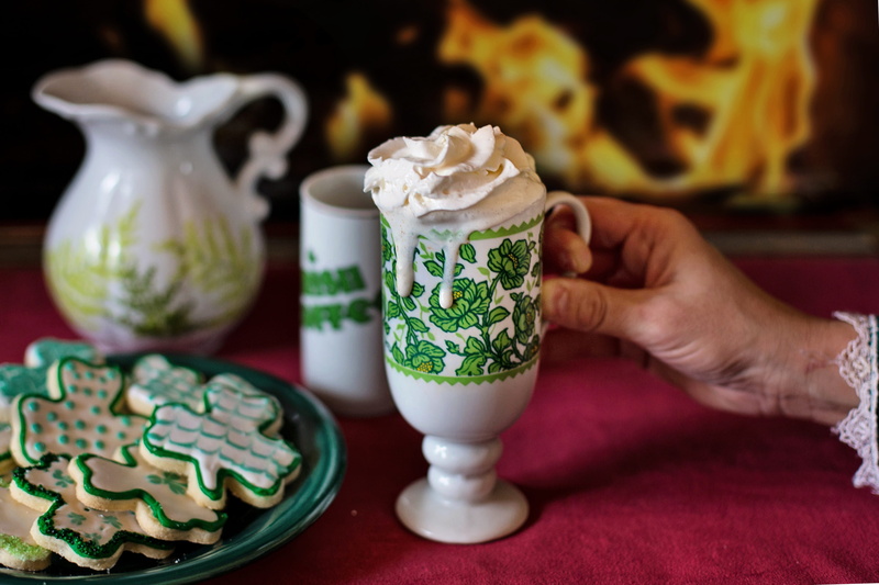 food, floral pattern, holding, 4K, plate, one person, paddys day, irish coffee, cookies, glass, indoors, patricks day, temptation, cozy, refreshment, freshness